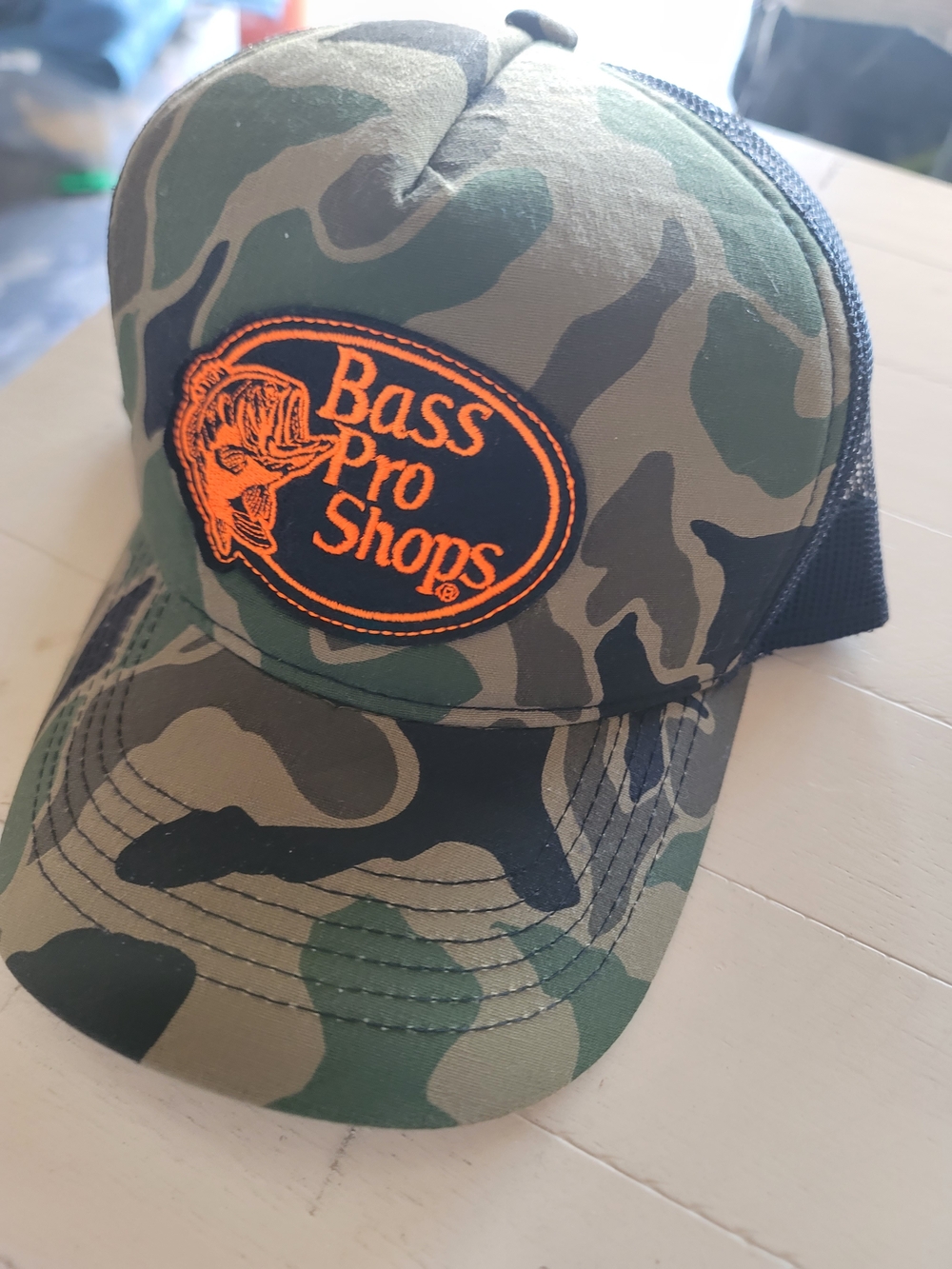 Bass Pro Shops Camo Trucker Hat with Orange Logo